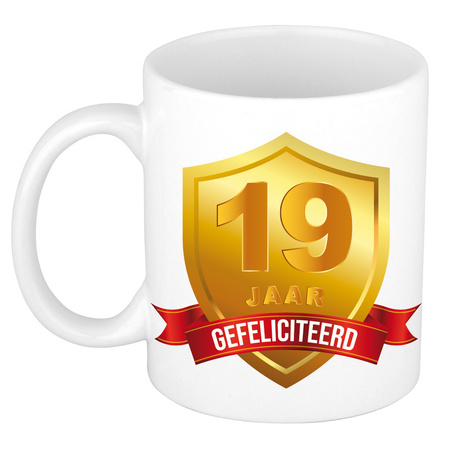Gold shield 19 year mug - birthday / anniversary