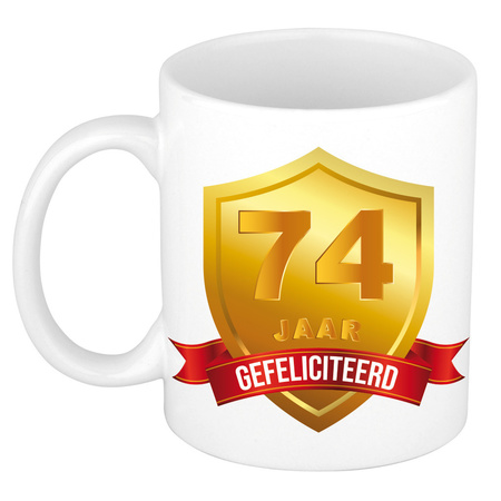 Gold shield 74 year mug - birthday / anniversary