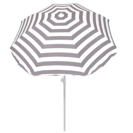 Voordelige set grijs/wit gestreepte parasol en parasolvoet wit