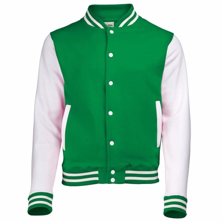 Green and white college jacket for men
