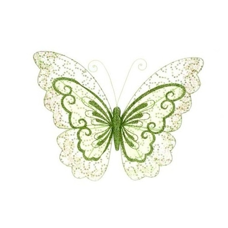 Groene vlinder met glitters op clip 34 cm