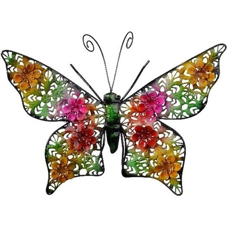 Set van 2 metalen vlinders gekleurd 22 en 43 cm tuin decoratie
