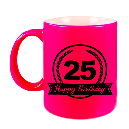 Happy Birthday 25 years mug neon pink with hearts 330 ml