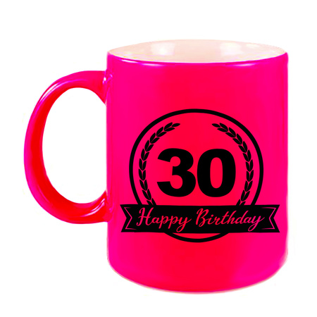 Happy Birthday 30 years mug neon pink with hearts 330 ml