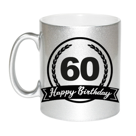Happy Birthday 60 years zilveren cadeau mok / beker met wimpel 330 ml