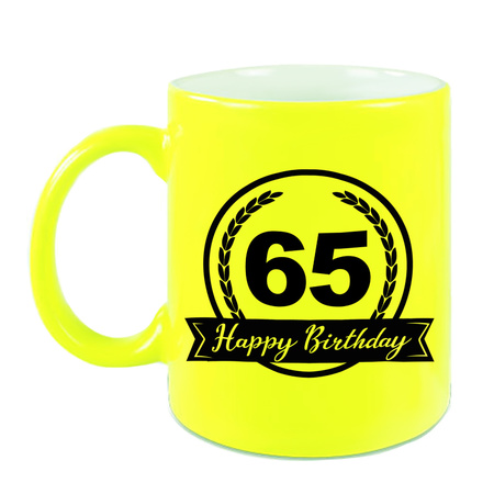 Happy Birthday 65 years mug neon yellow with hearts 330 ml