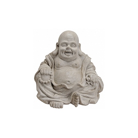 Happy boeddha beeldje - kunststeen - lichtgrijs - 32 x 35 cm - binnen/buiten