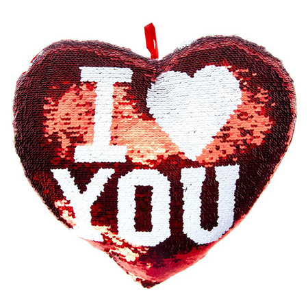 Hartjes kussen I Love You rood metallic met pailletten 35 cm
