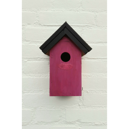 Houten vogelhuisje/nestkastje 22 cm - zwart/roze DHZ schilderen pakket
