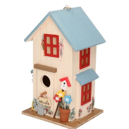 Wooden birdhouse/nest box white/blue 26 cm