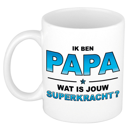 Ik ben papa wat is jouw superkracht gift mug / cup white and blue