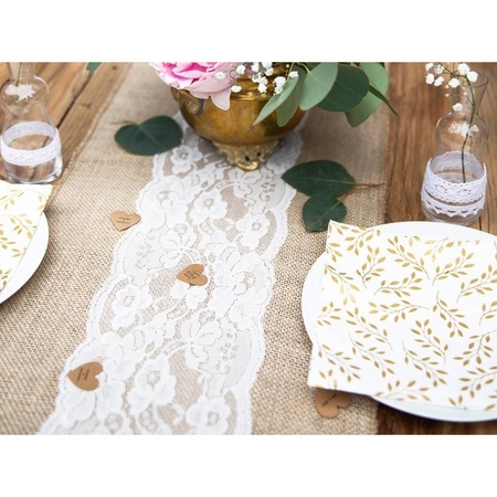Burlap table runners 28 x 275 cm with white lace