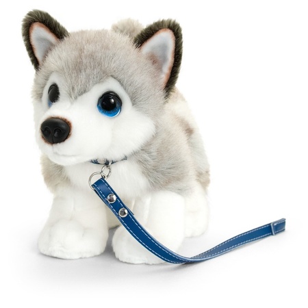Keel Toys pluche grijs/witte Husky met riem knuffel 30cm