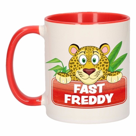 Kinder luipaarden mok / beker Fast Freddy rood / wit 300 ml