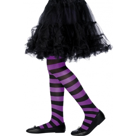 Kinder panty paars met zwart gestreept