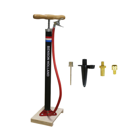 Black bicycle pump standing with wooden handle including bicycle tire reducing nipples 4 pcs