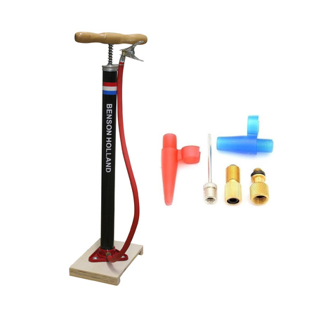 Black bicycle pump standing with wooden handle including bicycle tire reducing nipples 5 pcs