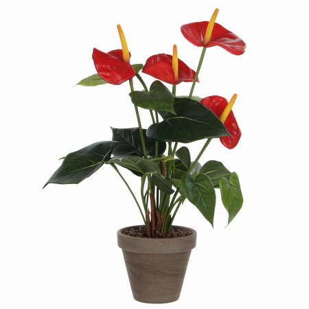 Kunstplant Anthurium rood in grijze pot 40 cm 