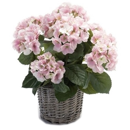 Artificial Hydrangea plant pink in rush basket 45 cm 