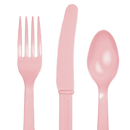 Plastic cutlery for party/bbq - 24x pieces - lightpink - knifes/vorks/spoons - reusable