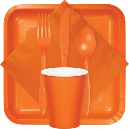 Plastic cutlery for party/bbq - 24x pieces - orange - knifes/vorks/spoons - reusable