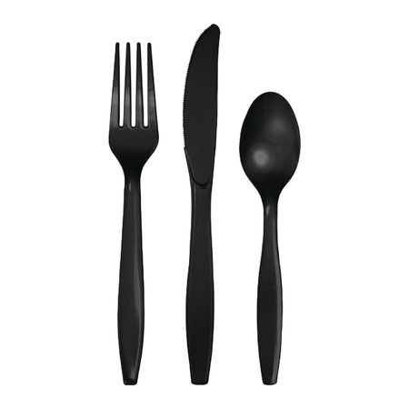 Plastic cutlery for party/bbq - 24x pieces - black - knifes/vorks/spoons - reusable