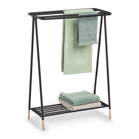 Luxe handdoek badkamer rek zwart metaal/hout 60 x 30 x 85 cm