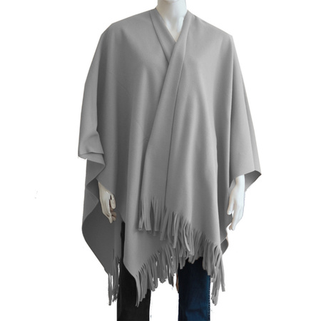 Luxe omslagdoek/poncho - licht grijs - 180 x 140 cm - fleece - Dameskleding accessoires