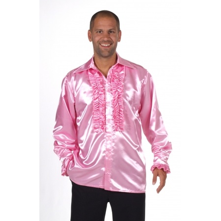 Light pink satin shirt with ruffles for men