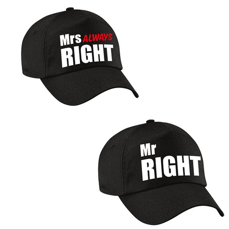 Mr Right en Mrs Always right petten / caps zwart volwassenen