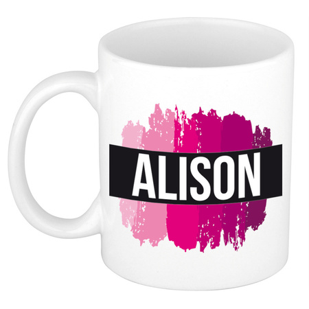 Naam cadeau mok / beker Alison  met roze verfstrepen 300 ml