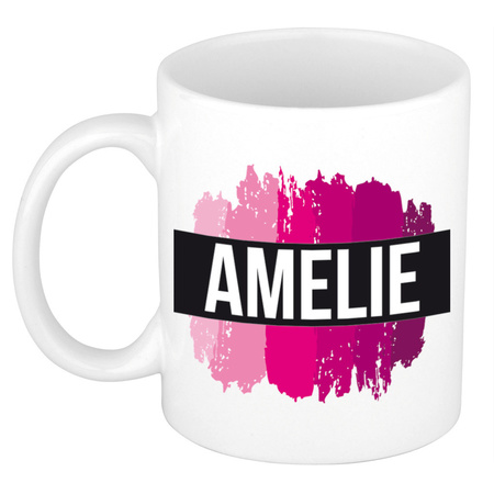 Name mug Amelie  with pink paint marks  300 ml