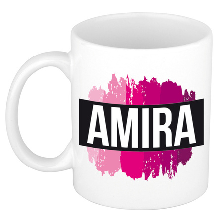 Name mug Amira  with pink paint marks  300 ml