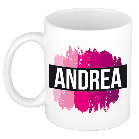 Naam cadeau mok / beker Andrea  met roze verfstrepen 300 ml