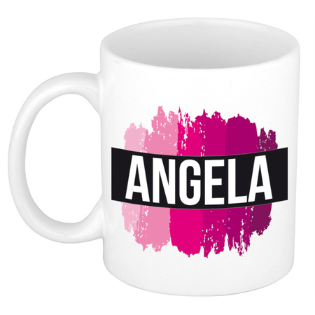 Naam cadeau mok / beker Angela  met roze verfstrepen 300 ml