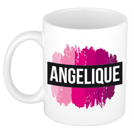 Naam cadeau mok / beker Angelique  met roze verfstrepen 300 ml