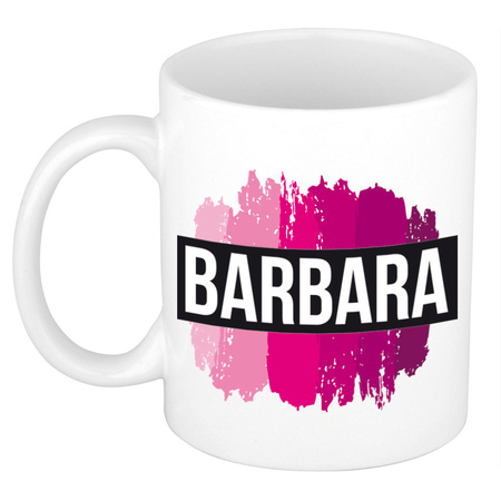 Naam cadeau mok / beker Barbara  met roze verfstrepen 300 ml