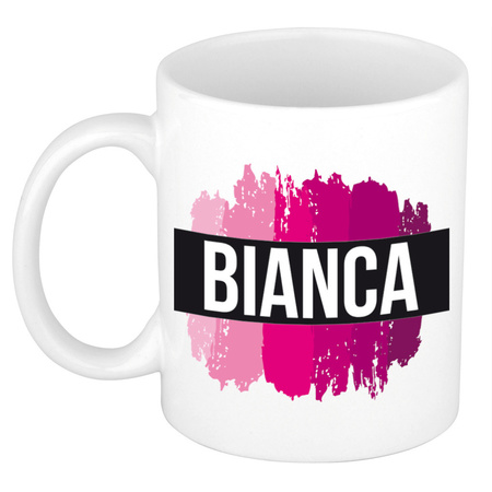 Naam cadeau mok / beker Bianca  met roze verfstrepen 300 ml