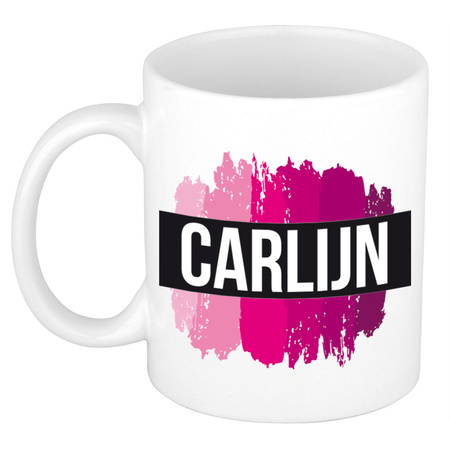 Naam cadeau mok / beker Carlijn  met roze verfstrepen 300 ml