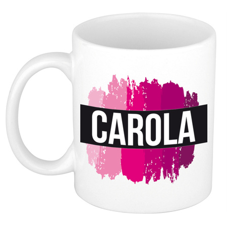 Naam cadeau mok / beker Carola  met roze verfstrepen 300 ml