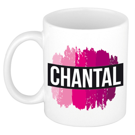 Naam cadeau mok / beker Chantal  met roze verfstrepen 300 ml