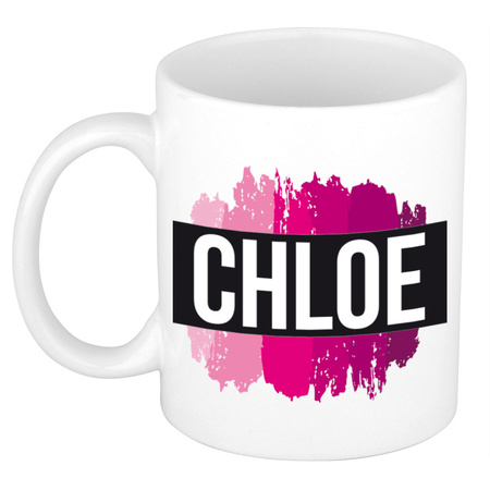 Naam cadeau mok / beker Chloe  met roze verfstrepen 300 ml