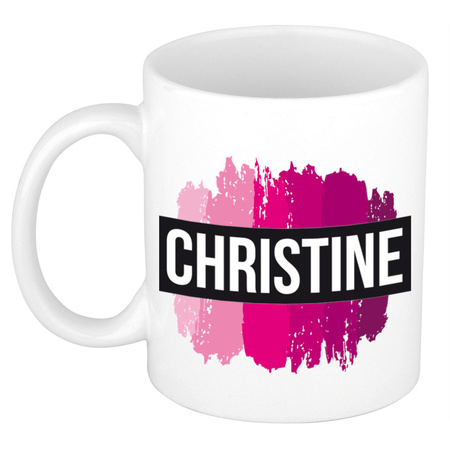 Naam cadeau mok / beker Christine  met roze verfstrepen 300 ml