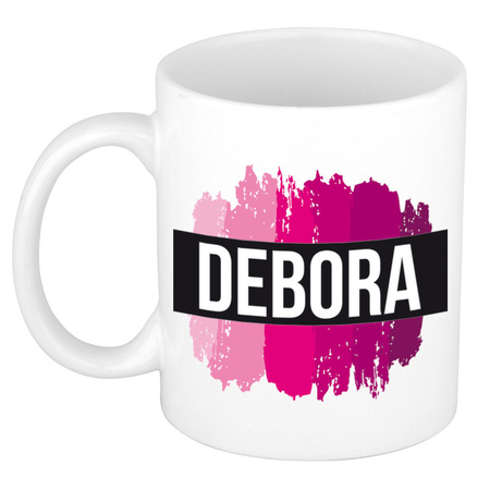 Naam cadeau mok / beker Debora  met roze verfstrepen 300 ml