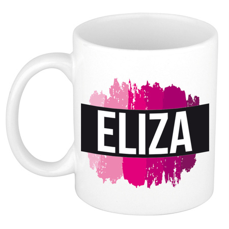 Naam cadeau mok / beker Eliza  met roze verfstrepen 300 ml