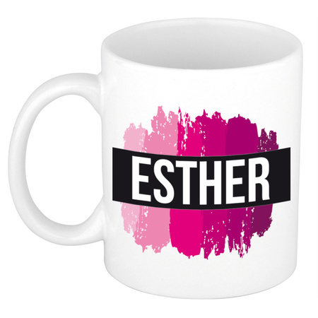 Naam cadeau mok / beker Esther  met roze verfstrepen 300 ml