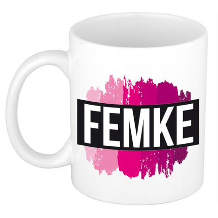 Name mug Femke  with pink paint marks  300 ml