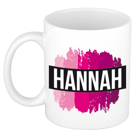 Naam cadeau mok / beker Hannah.pdf  met roze verfstrepen 300 ml