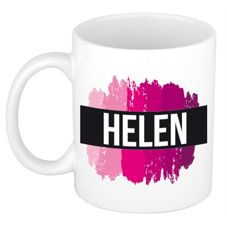 Naam cadeau mok / beker Helen  met roze verfstrepen 300 ml