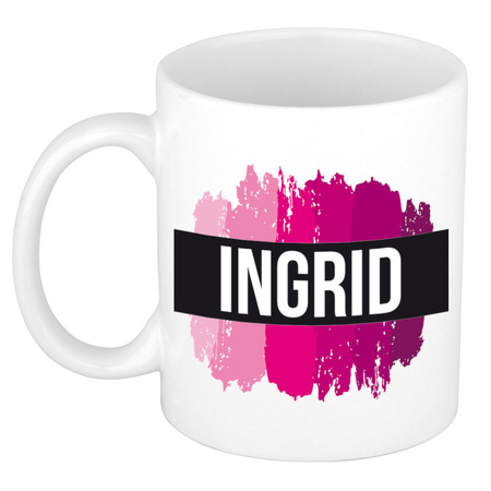Naam cadeau mok / beker Ingrid  met roze verfstrepen 300 ml